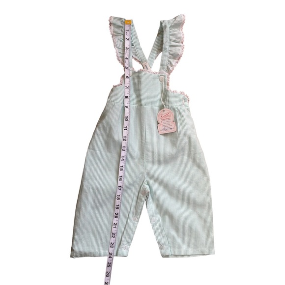Vintage NWT Seersucker Green White Striped Rufffle Jumpsuit Overalls - Picture 11 of 11